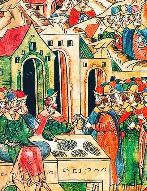 Купцы. Миниатюра из Лицевого свода. XVI век