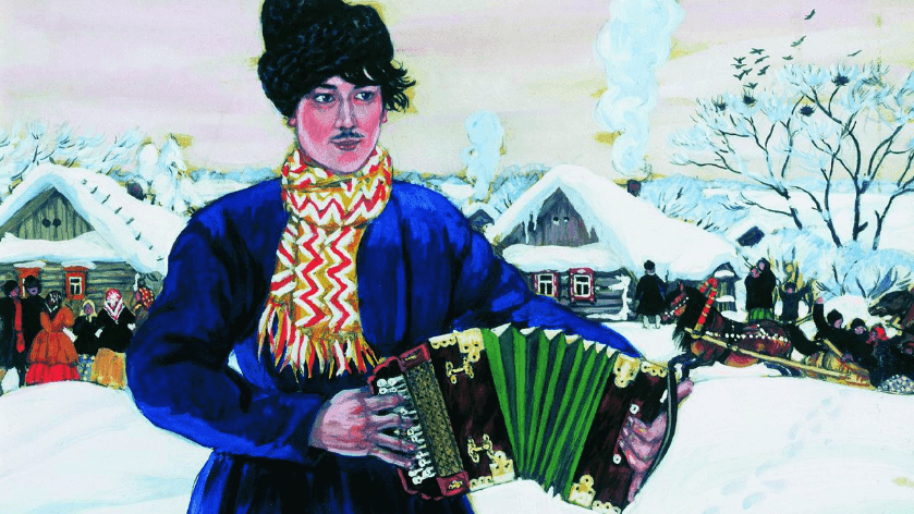 Борис Кустодиев. Деревенская масленица (Гармонист) (фрагмент). 1916. Рязанский государственный областной художественный музей им. И.П. Пожалостина, Рязань