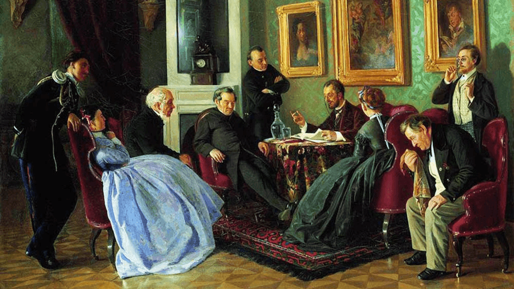 Владимир Маковский. Литературное чтение (фрагмент). 1866. Государственная Третьяковская галерея, Москва