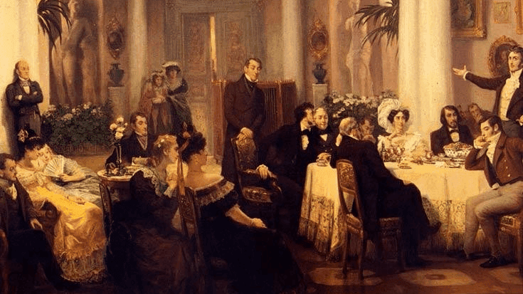 Григорий Мясоедов. Пушкин и его друзья слушают декламацию Мицкевича в салоне княгини Зинаиды Волконской (фрагмент). 1899–1905. Всероссийский музей А.С. Пушкина, Санкт-Петербург