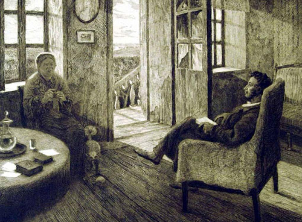 Пушкин и няня. Литография А. Парамонова