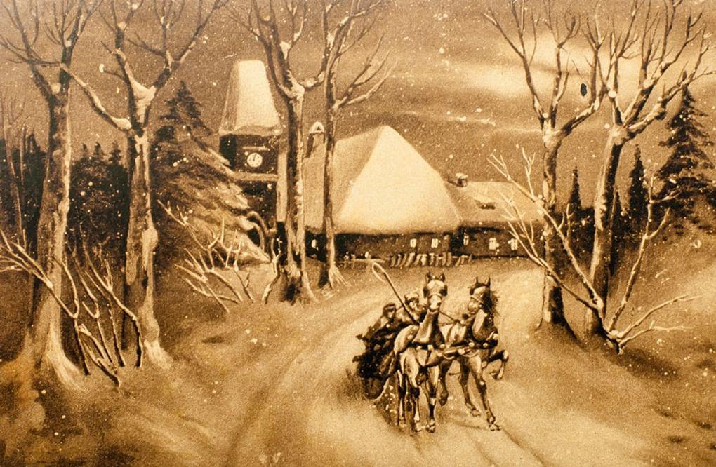 Старинная дореволюционная рождественская открытка. Люди мчатся в санях в новогоднюю ночь. Фотография: И. Низов / фотобанк «Лори» 
