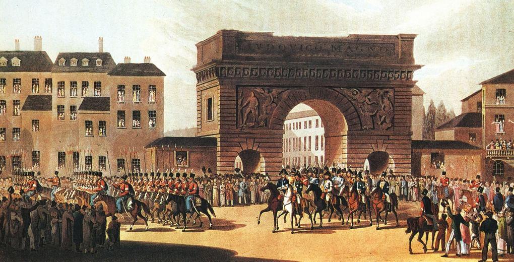 Вступление российских войск в Париж. 31 марта 1814 года. Неизвестный художник с оригинала И.Ф. Югеля по рисунку У.Л. Вольфа. 1815. Всероссийский музей Пушкина