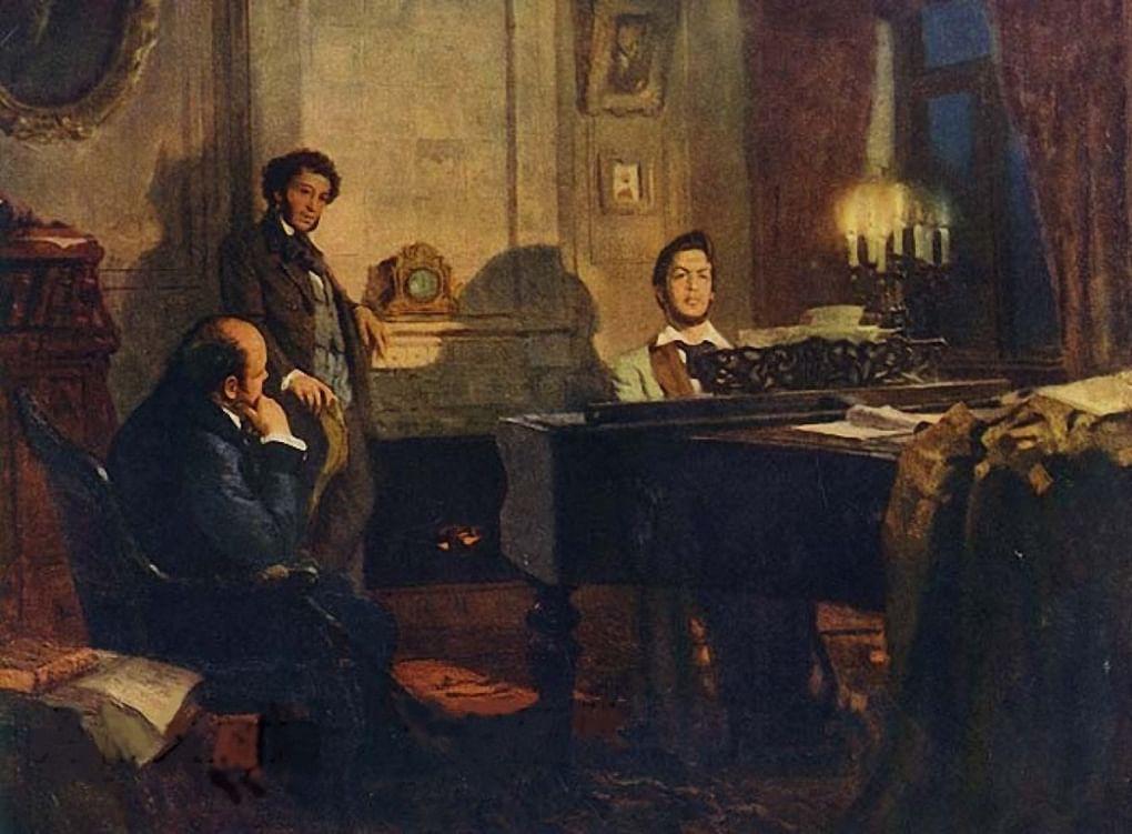 В. Артамонов. Пушкин и Жуковский у Глинки. 1953