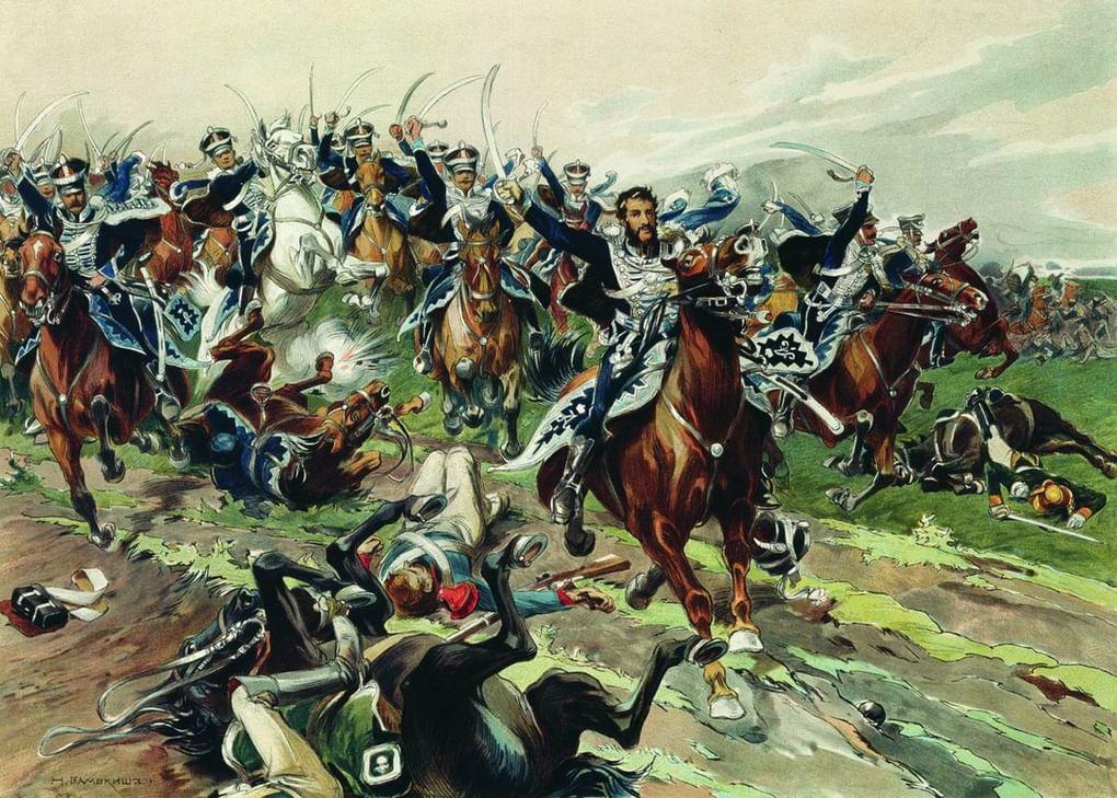 Н. Самокиш. Атака гусар Кульнева у Клястиц 20 июля 1812 года. 1900-е