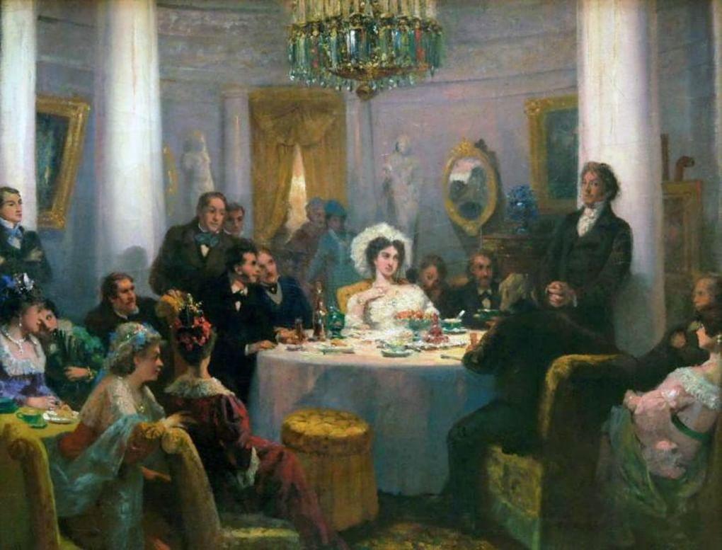 Григорий Мясоедов. Пушкин и его друзья слушают Мицкевича в салоне княгини Зинаиды. 1907. Орловский музей
