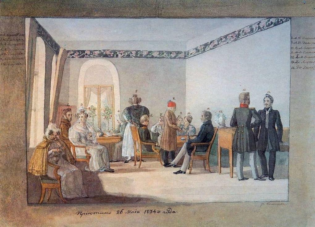Федор Солнцев. Гостиная в доме Олениных в Приютине. 1834. Всероссийский музей А.С. Пушкина