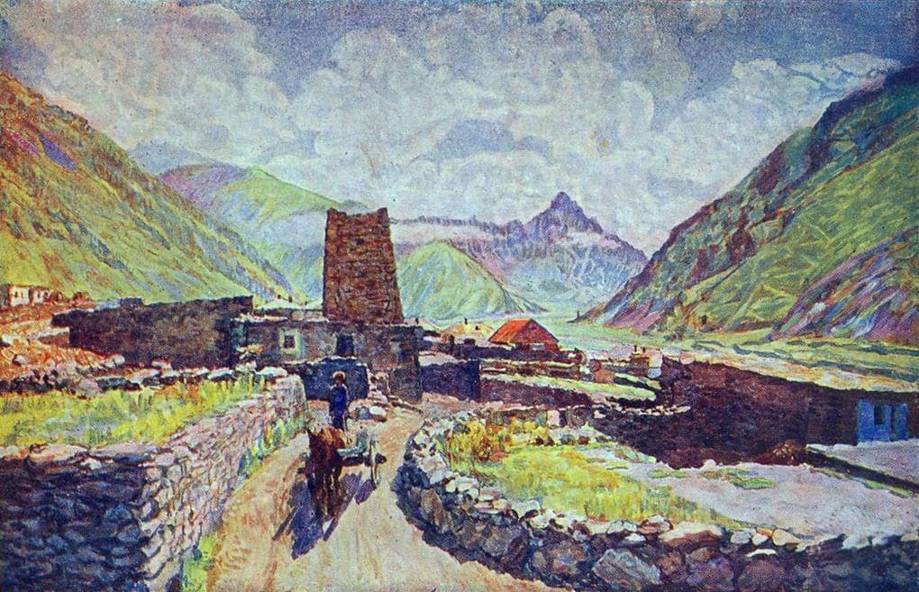 Илья Машков. Грузия. Казбек. Вид на гору Кабарджино и аул. 1920-е
