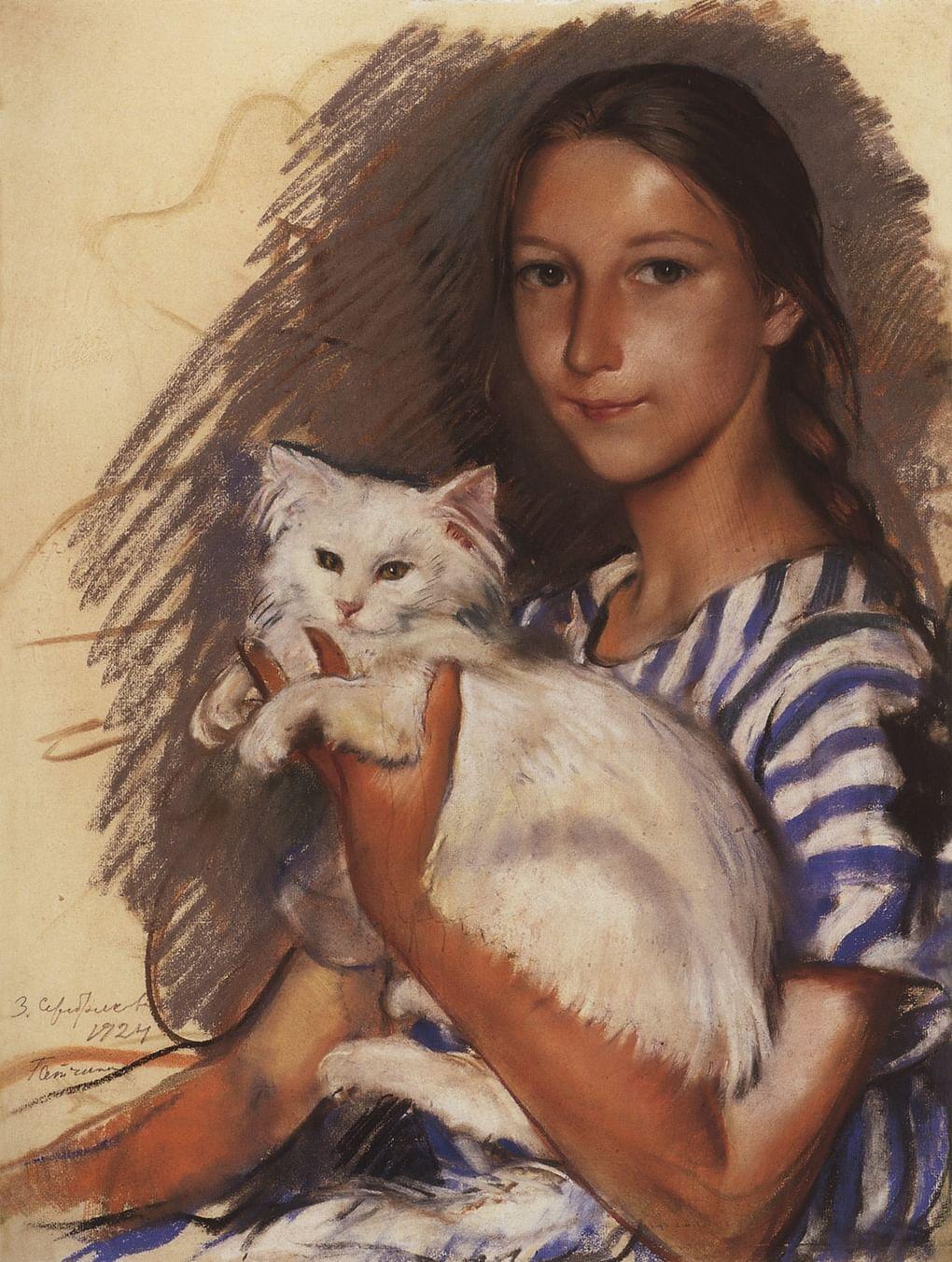 Зинаида Серебрякова. Портрет Наташи Лансере с кошкой. 1924