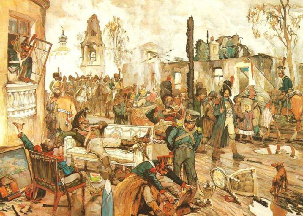 Дмитрий Кардовский. Москва в сентябре 1812 года (Уход французов из Москвы). 1908–1913. «Картины по русской истории. № 43», издание Иосифа Кнебеля