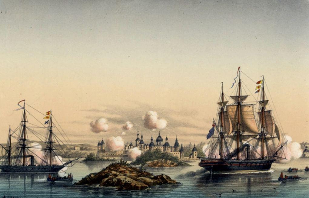 Неизвестный художник. Белое море. Атака Новитска фрегатом Миранда и корветом Бриск. Август 1854 г.