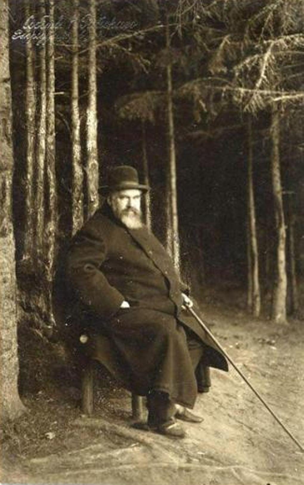 Фотооткрытка. Танеев, Сергей Иванович (1856-1915). Русск. композитор, проф. Моск. Консерв. и директор с 1885-1889 г. Сидит в лесу. Всероссийское музейное объединение музыкальной культуры имени М.И. Глинки. Фотография: goskatalog.ru