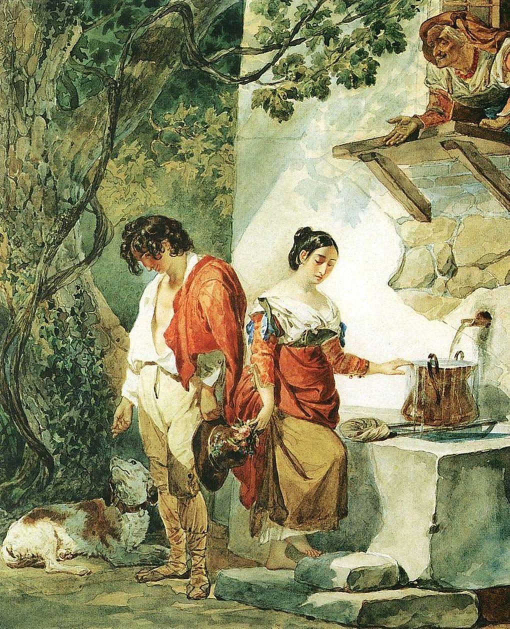 Карл Брюллов. Прерванное свидание (Вода уж чрез край бежит). 1827. Государственная Третьяковская галерея