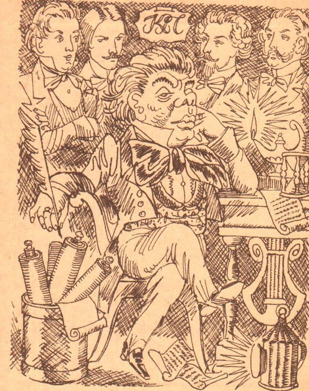 Николай Кузьмин. Kозьма Прутков в кругу своих создателей. Иллюстрация к книге «Плоды раздумья». Издательство «Художник РСФСР», Ленинград, 1962