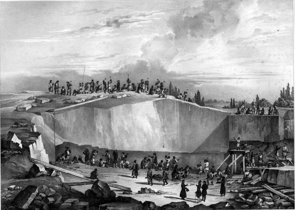 Анри Луи Огюст Рикар де Монферран, литография «Пютерлахская каменоломня, отделение каменной глыбы от скалы». «Планы и детали памятника, посвященного памяти Императора Александра», Париж, 1836