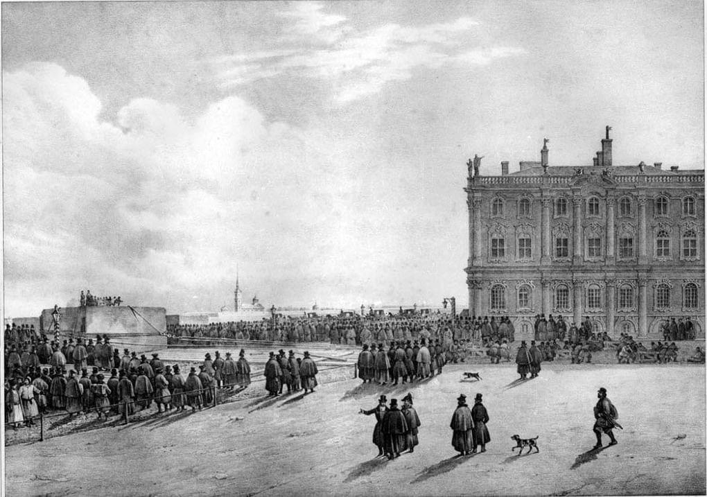 Анри Луи Огюст Рикар де Монферран, литография «Передвижение блока для постамента Александровской колонны от набережной». «Планы и детали памятника, посвященного памяти Императора Александра», Париж, 1836