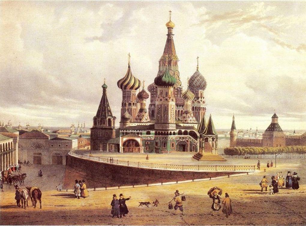 Л.П.А. Бишебуа и В.В. Адам. Литография «Церковь Василия Блаженного». Лист из альбома «Виды Москвы» Дациаро. 1840–1850. Государственный музей А.С. Пушкина, Москва