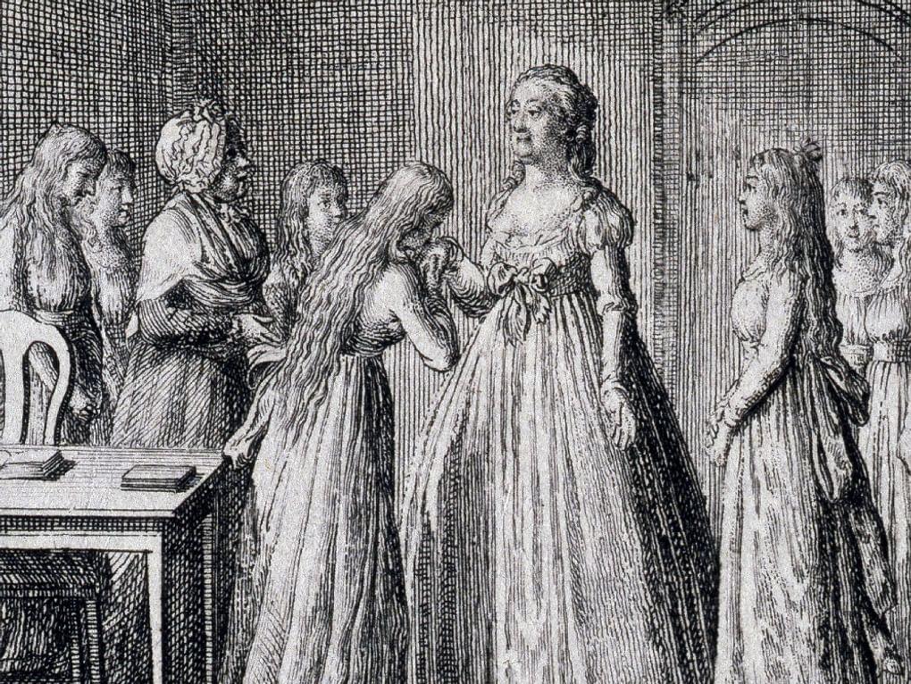 Даниель Ходовецкий. Екатерина II в Смольном институте (фрагмент). Из серия «8 гравюр из жизни Екатерины II». 1797. Государственный Эрмитаж, Санкт-Петербург