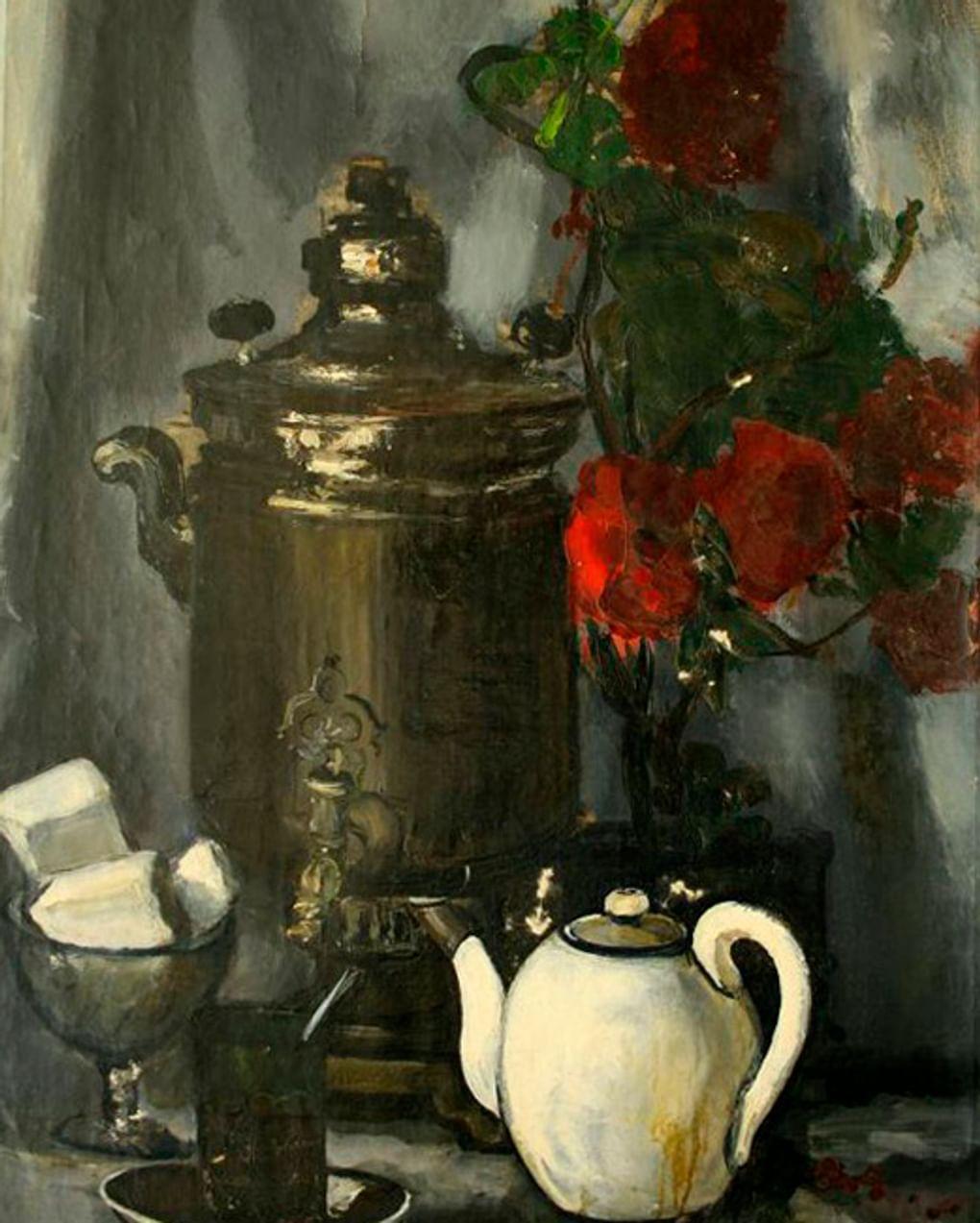 Александр Морозов. Натюрморт с самоваром и белым чайником (фрагмент). 1930-е. Ивановский областной художественный музей, Иваново