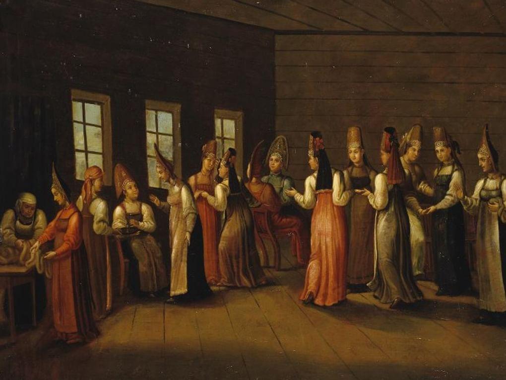 Неизвестный художник. Девичник в купеческом доме (фрагмент). Первая половина XIX. Государственный Эрмитаж, Санкт-Петербург
