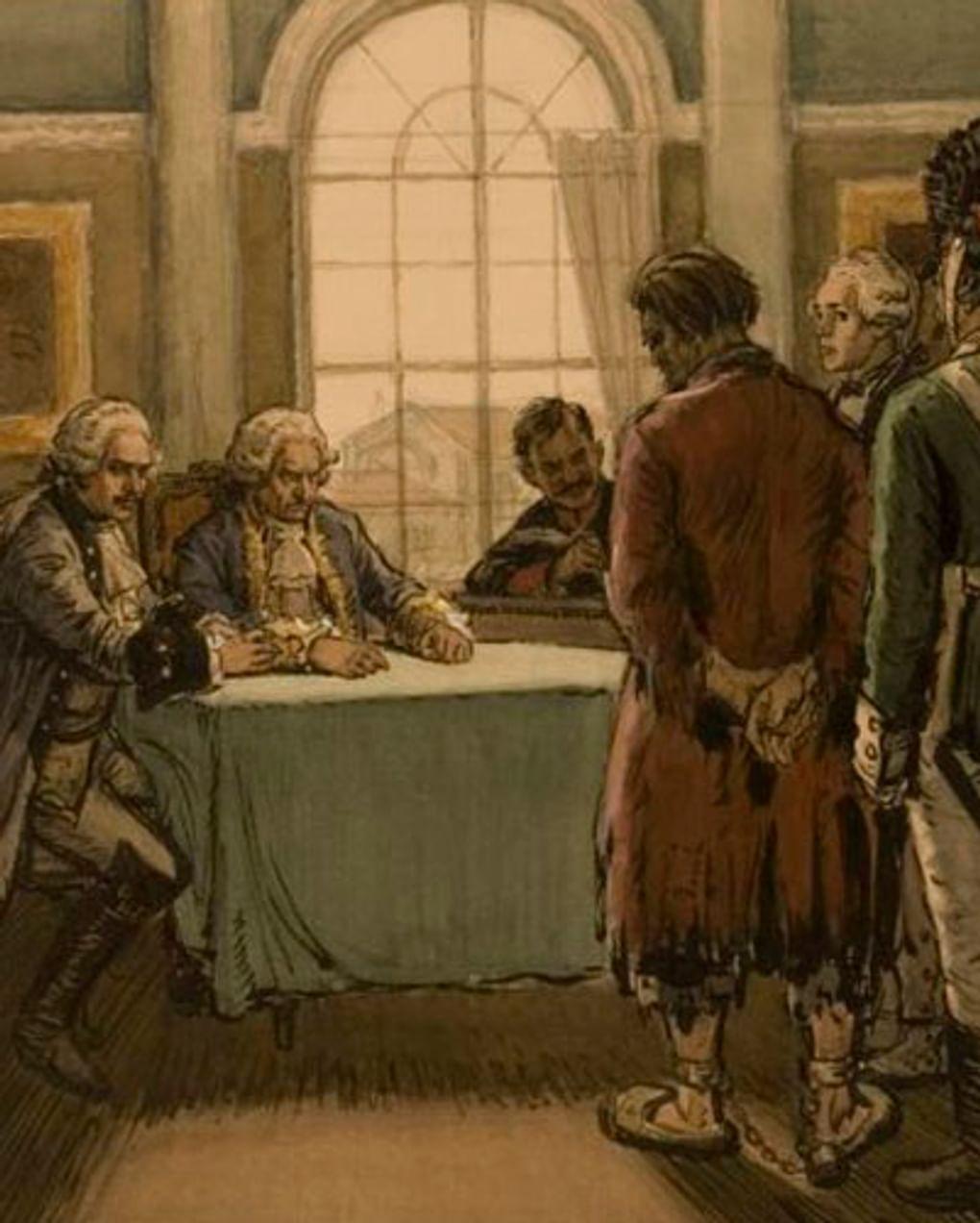 Борис Кожин. Допрос Пугачева. Иллюстрация к повести Александра Пушкина «Капитанская дочка» (фрагмент). 1940. Научно-исследовательский музей при Российской академии художеств, Санкт-Петербург