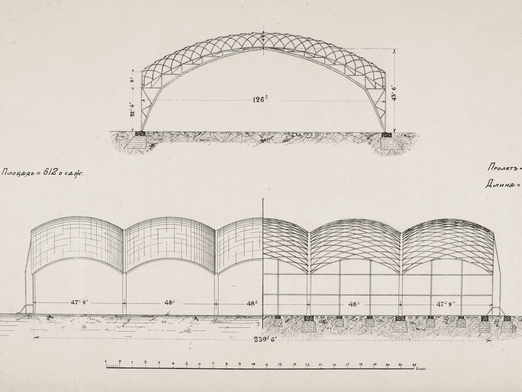 Прокатный цех с сетчатым покрытием на металлургическом заводе. Выкса, Нижегородская область. Инженер Владимир Шухов. 1897. Изображение: Архив Российской академии наук, Санкт-Петербург
