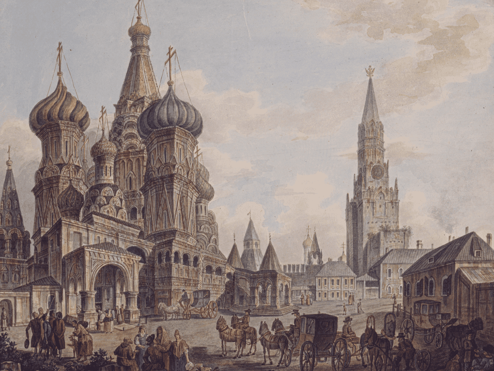 Федор Алексеев. Покровский собор, «что на Рву» (фрагмент). 1800-е. Государственный научно-исследовательский музей архитектуры им. А.В. Щусева, Москва
