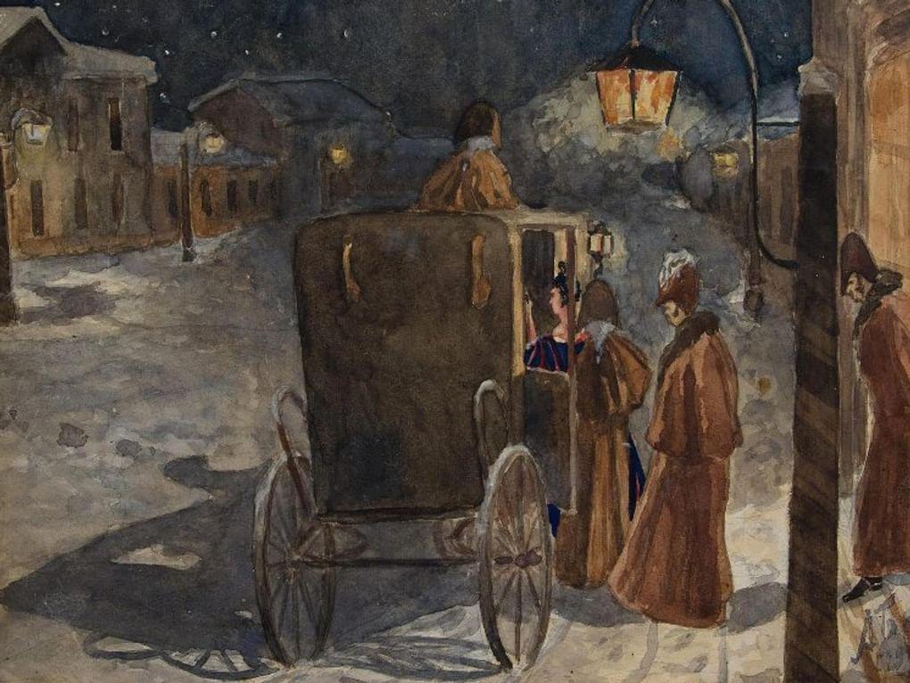 Александр Бенуа. Герман у подъезда графини (фрагмент). Иллюстрация к III главе драмы Александра Пушкина «Пиковая дама». 1910. Самарский областной художественный музей, Самара