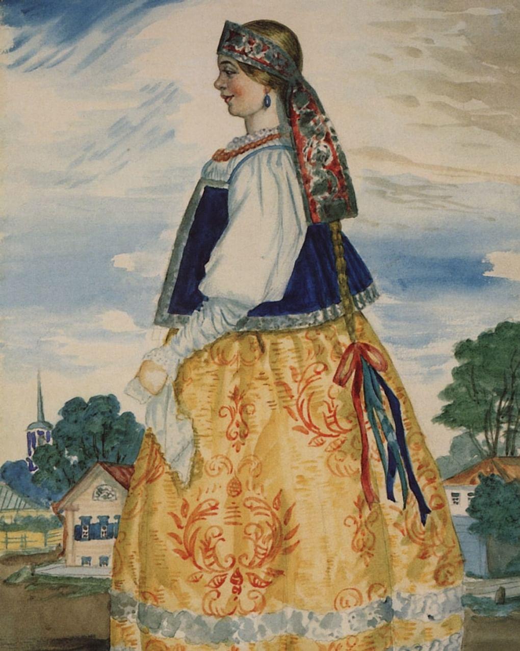 Борис Кустодиев. Варвара (фрагмент). 1920. Эскиз костюма к неосуществленной постановке драмы Александра Островского «Гроза». Государственная Третьяковская галерея, Москва