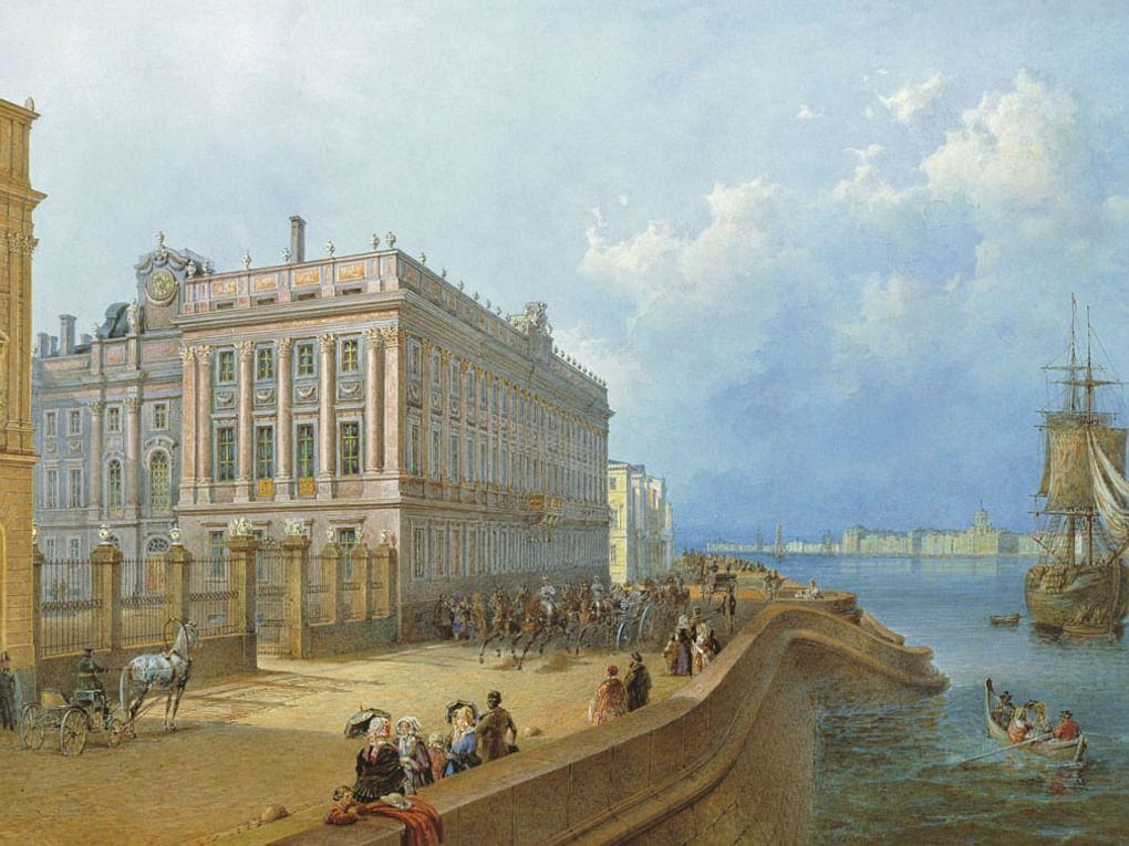 Василий Садовников. Вид набережной и Мраморного дворца (фрагмент). 1847. Государственный Эрмитаж, Санкт-Петербург