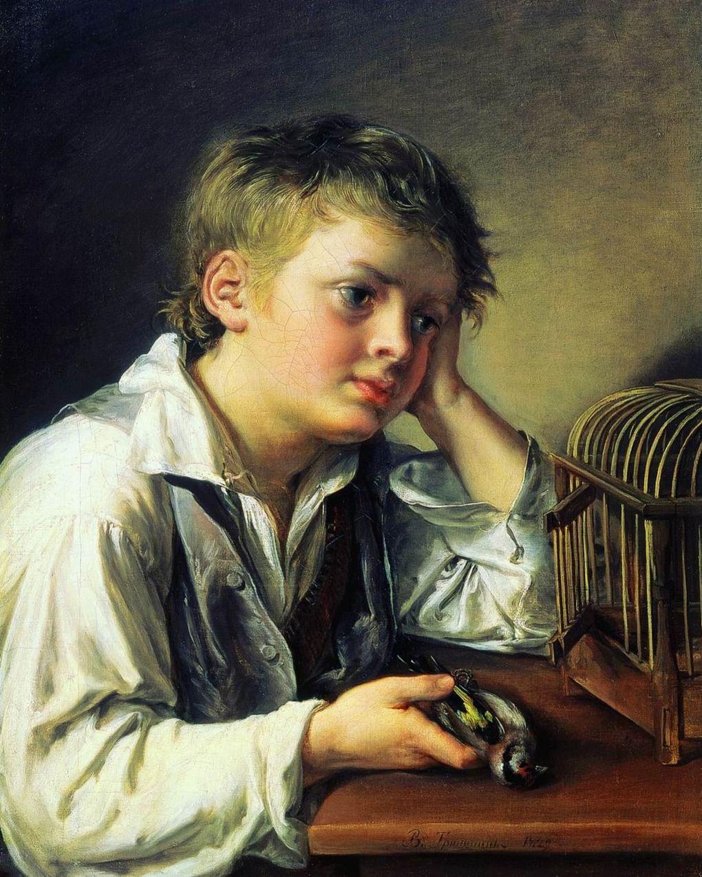 Василий Тропинин. Мальчик, тоскующий об умершей своей птичке. 1829 (повторение сгоревшей картины 1804). Ивановский областной художественный музей, Иваново
