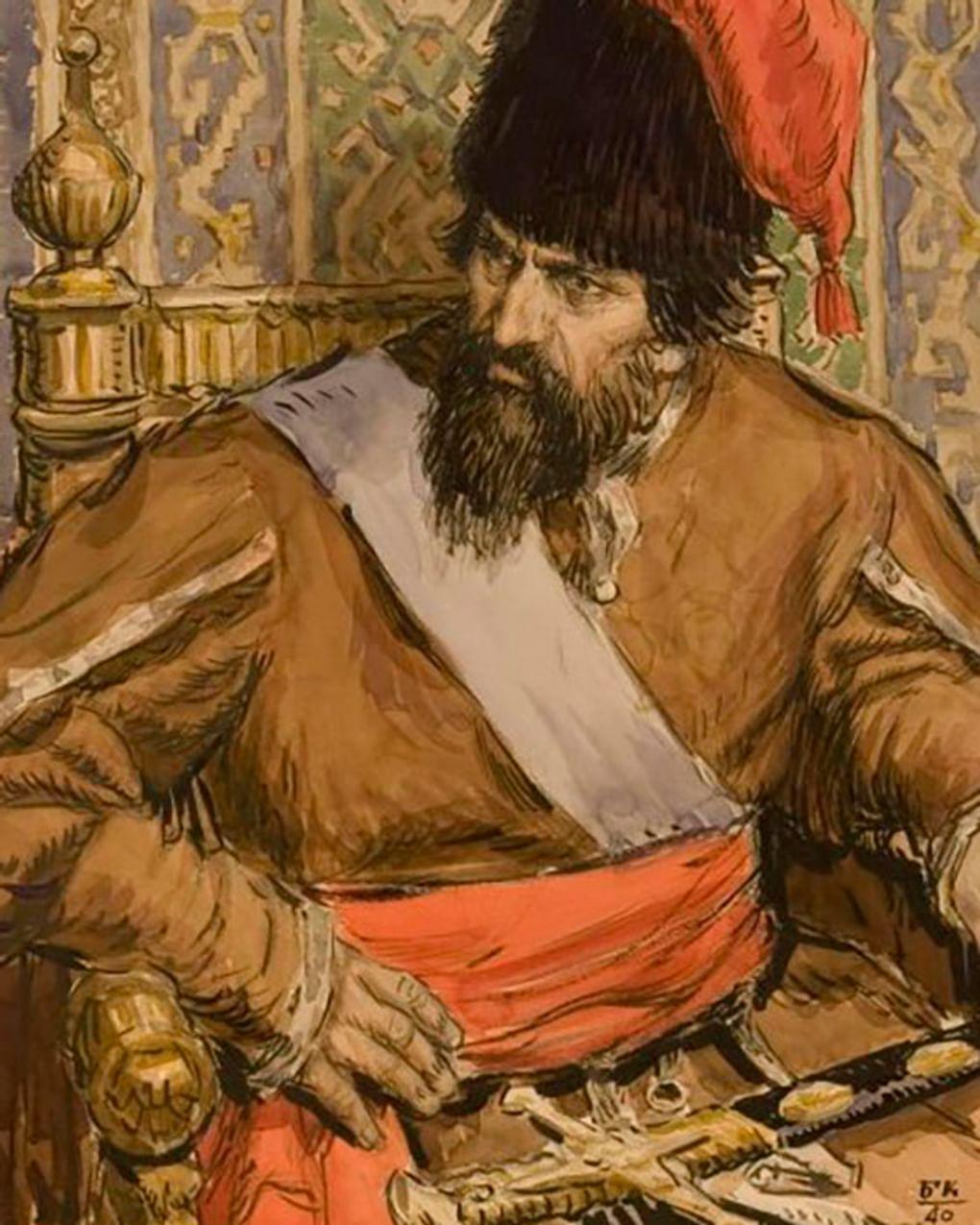 Борис Кожин. Портрет Пугачева (фрагмент). Фронтиспис к повести Александра Пушкина «Капитанская дочка». 1940. Научно-исследовательский музей при Российской академии художеств, Санкт-Петербург