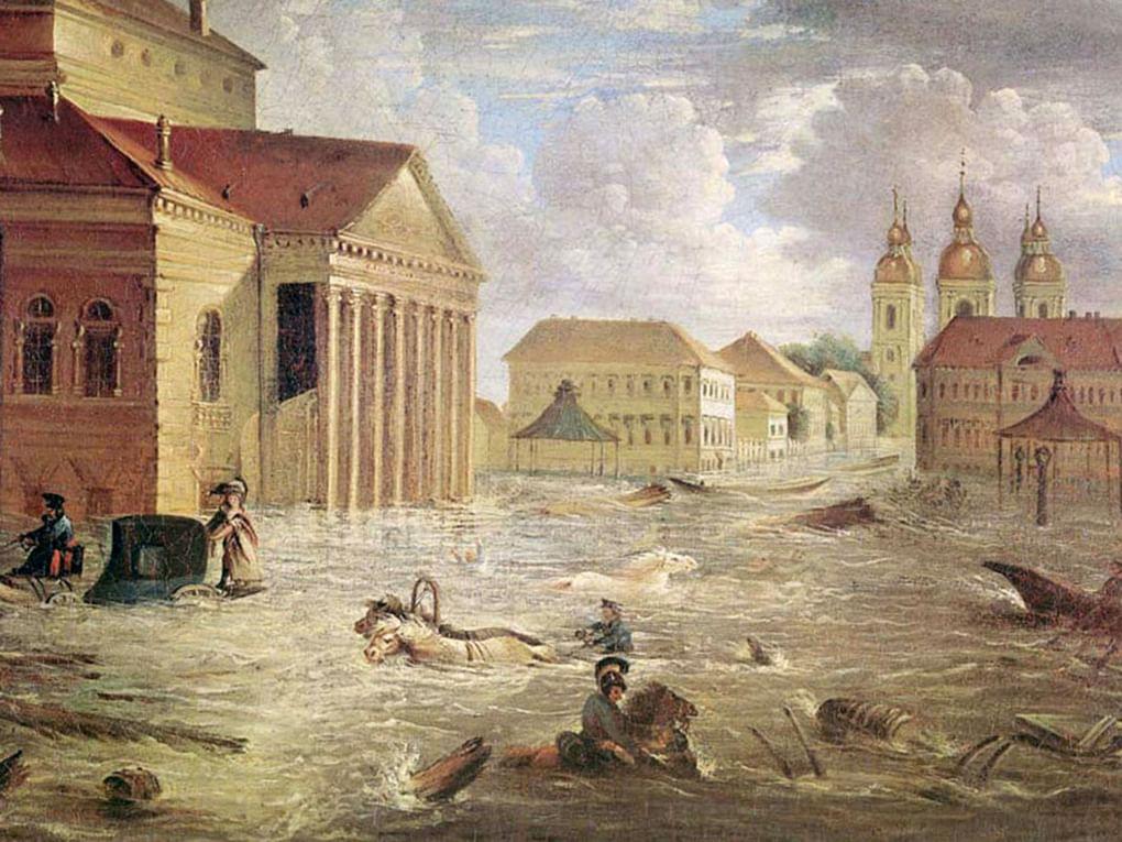 Федор Алексеев. Петербургское наводнение 1824 года на площади у Большого театра (фрагмент). 1824. Государственный Русский музей, Санкт-Петербург