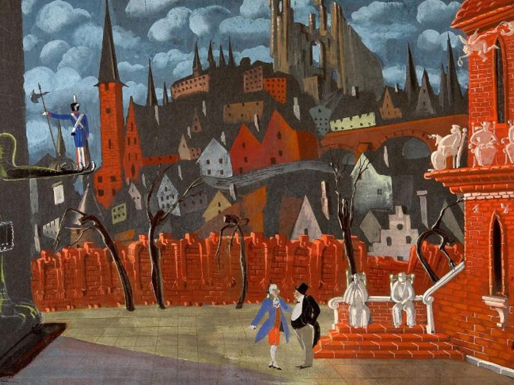 Николай Акимов. Эскиз декорации к спектаклю Николая Акимова «Дракон» (фрагмент). Ленинградский государственный театр комедии, Ленинград, 1944 год. Санкт-Петербургский государственный музей театрального и музыкального искусства, Санкт-Петербург