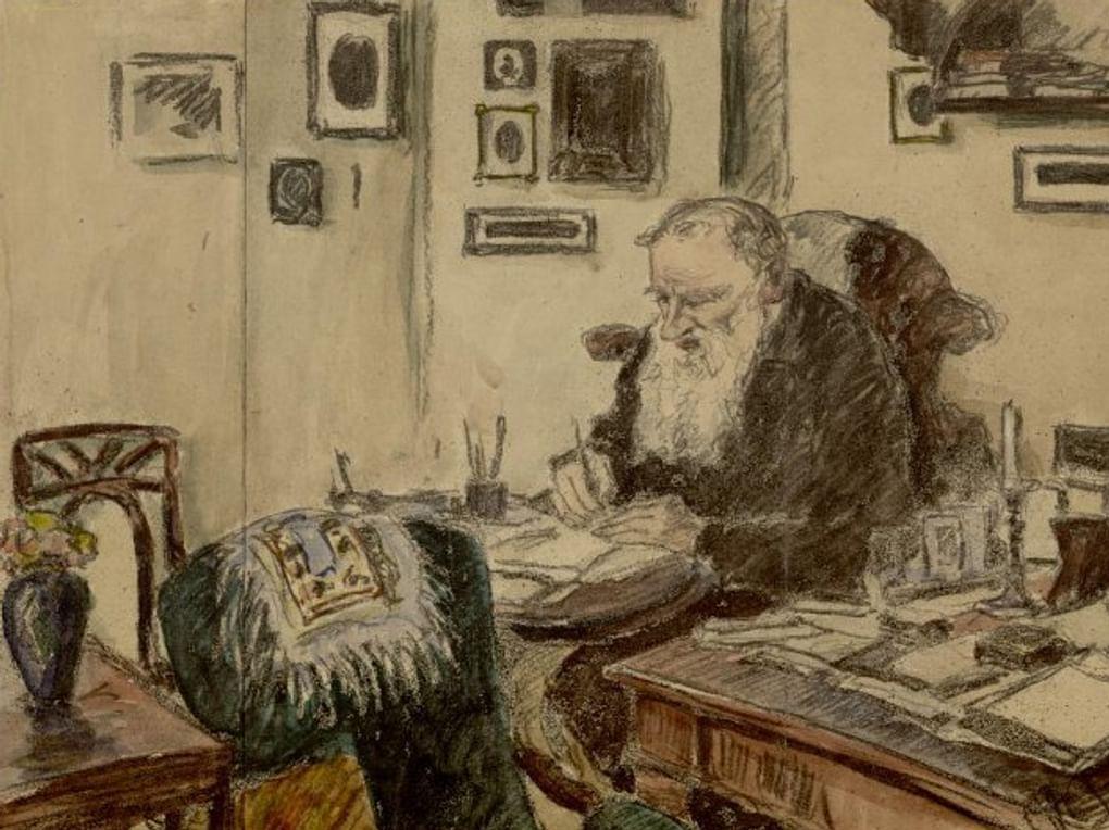 Неизвестный художник. Лев Толстой за столом в кабинете Ясной Поляны (фрагмент). Первая половина ХХ. Государственный музей Л.Н. Толстого, Москва