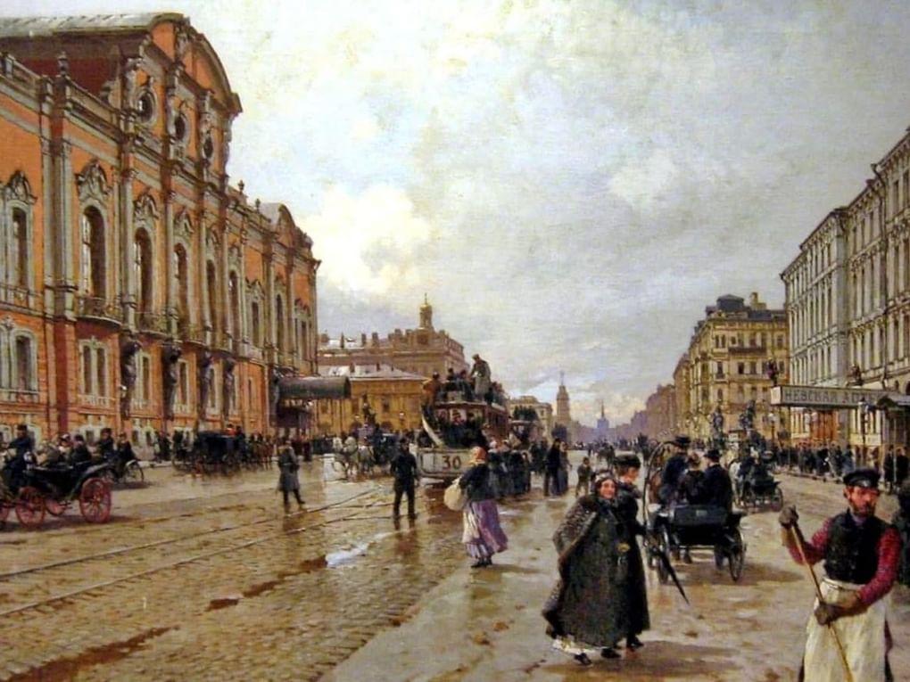 Александр Беггров. Утром на Невском проспекте (фрагмент). Слева: «Литературный дом» (Невский проспект, 68). 1886. Частное собрание