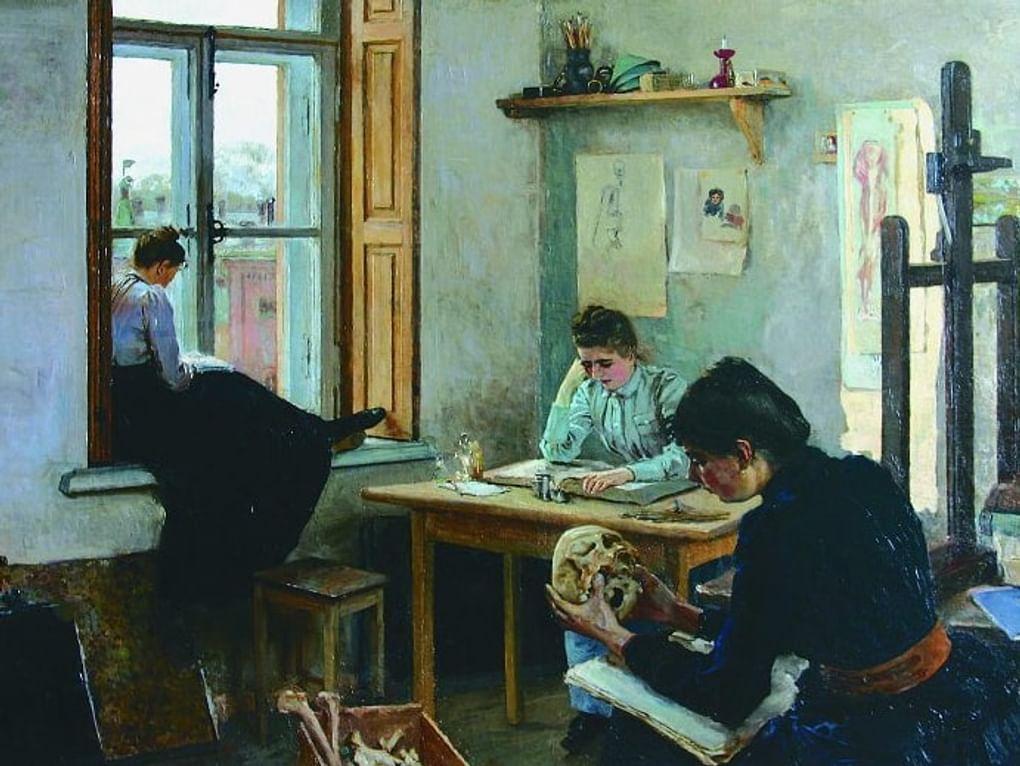 Елена Поленова. Студентки-анатомички (фрагмент). 1870-е (?). Государственный мемориальный историко-художественный и природный музей-заповедник В.Д. Поленова, Страхово, Тульская область