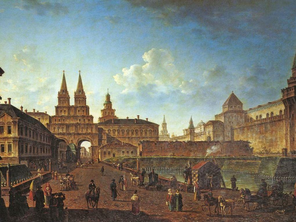 Федор Алексеев. Вид на Воскресенские и Никольские ворота и Неглинный мост от Тверской улицы в Москве (фрагмент). 1811. Государственная Третьяковская галерея, Москва