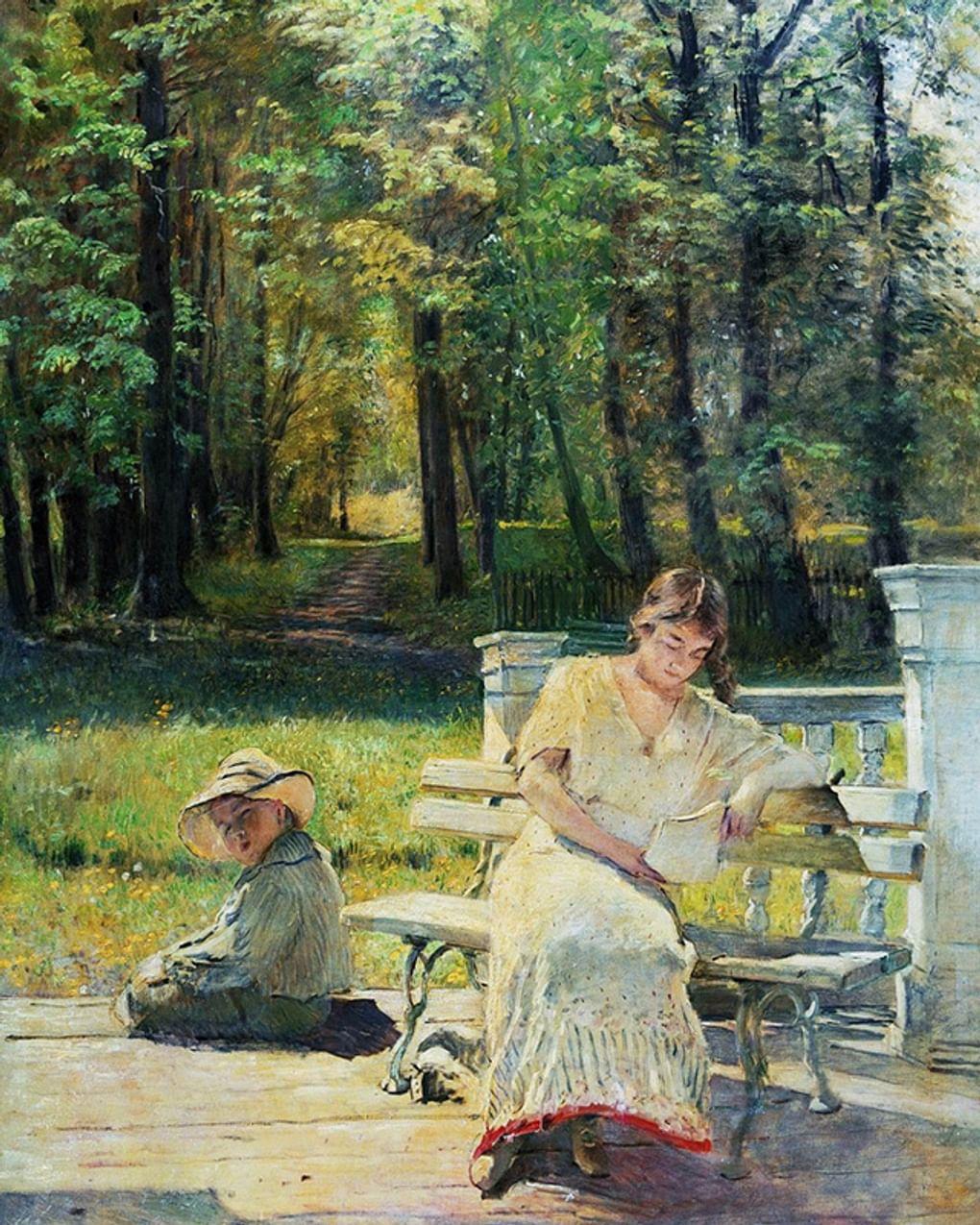 Константин Маковский. Оленька и Коля на крыльце дачи (фрагмент). 1900-е. Частное собрание