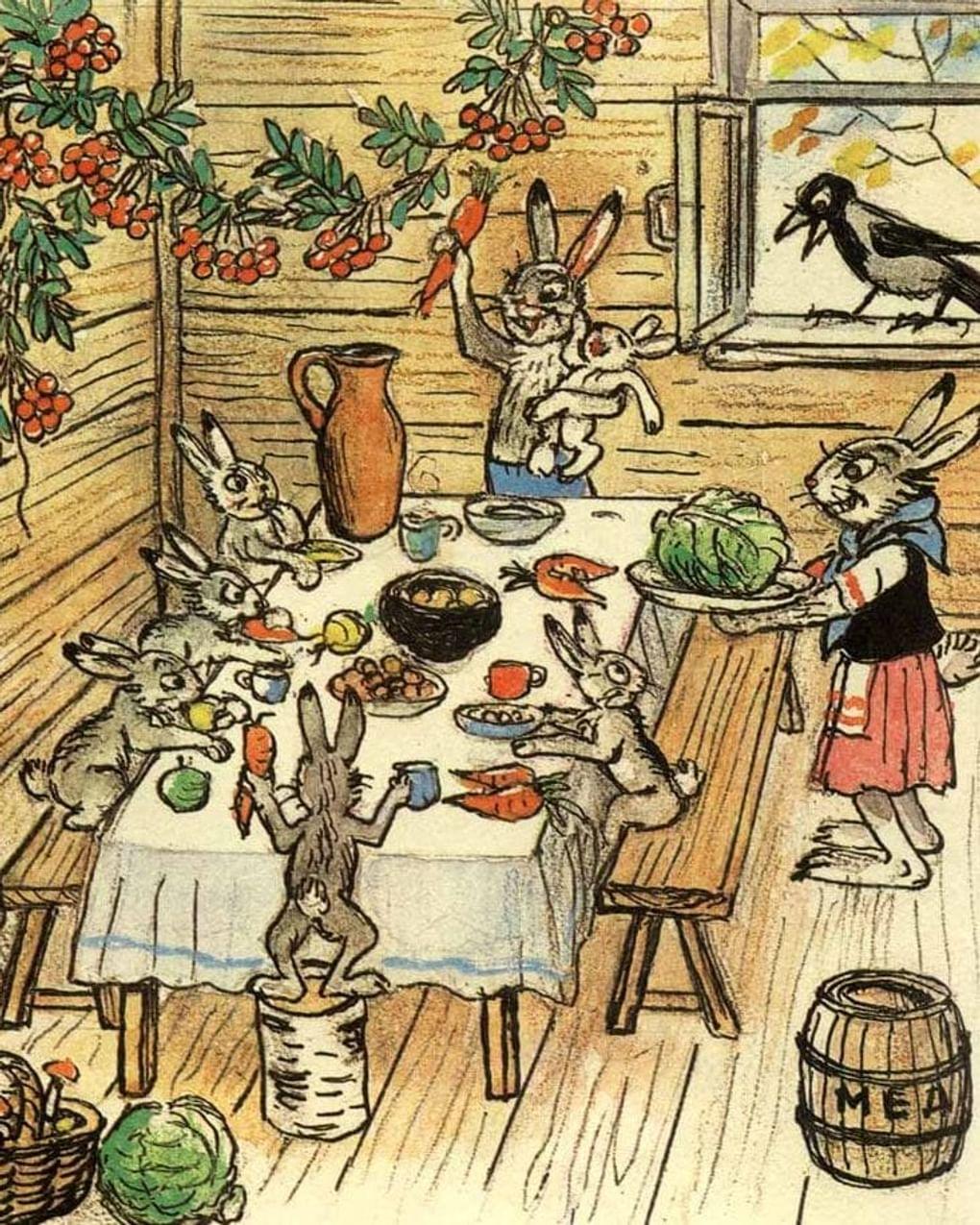 Владимир Сутеев. Иллюстрация к сказке Владимира Сутеева «Мешок яблок». Москва: издательство «Детская литература», 1985