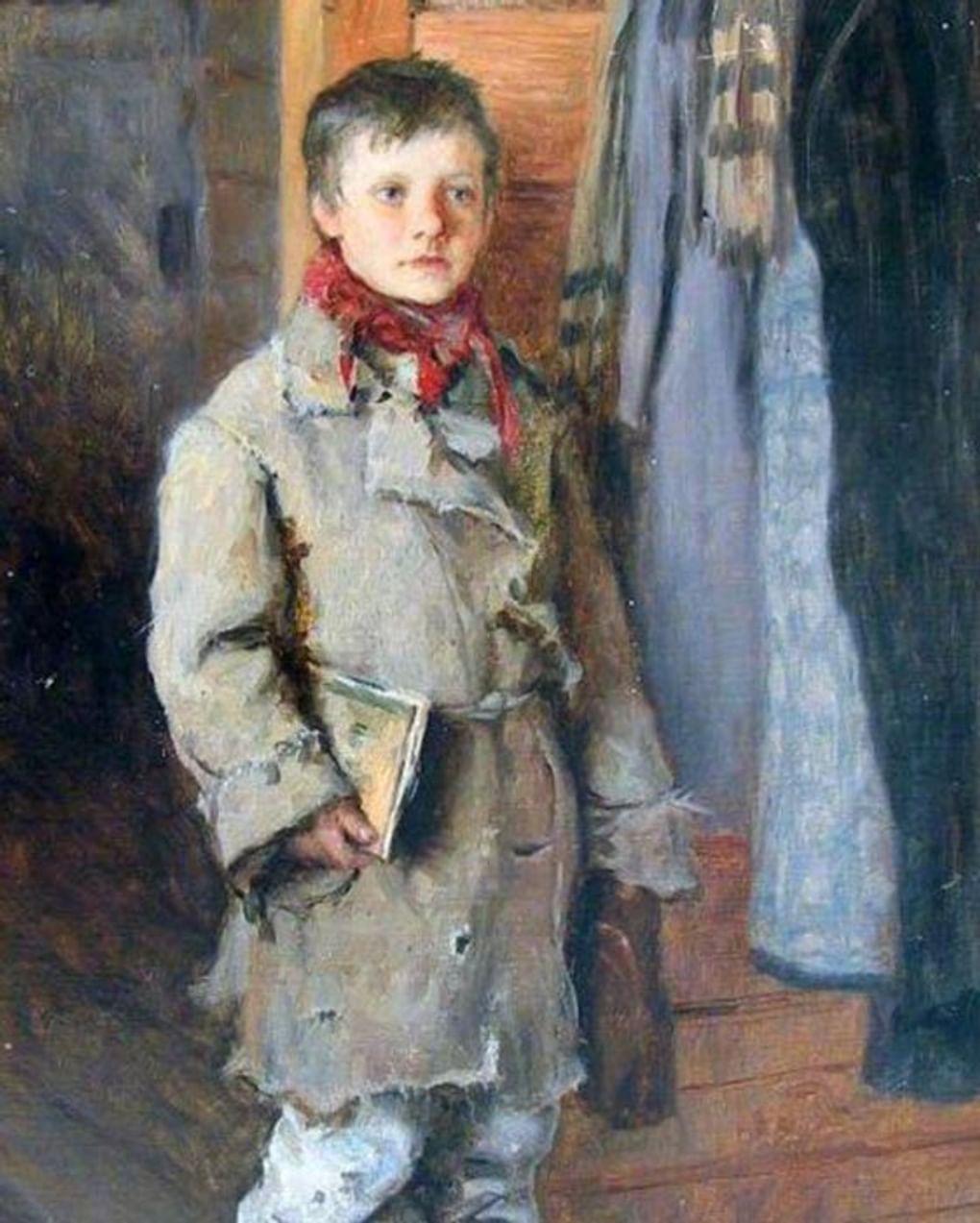 Николай Богданов-Бельский. Мальчик (У дверей школы) (фрагмент). Начало XX века. Астраханская государственная картинная галерея им. П.М. Догадина, Астрахань