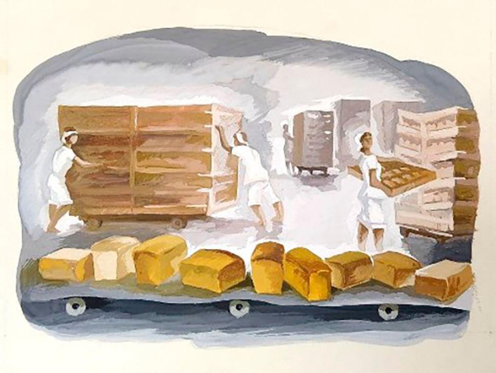 Алексей Дрилев. Разгрузка хлеба. Из комплекта иллюстраций к книге Владимира Крючкова «Испекли мы каравай». 1989. Государственный музей истории литературы, искусства и культуры Алтая, Барнаул