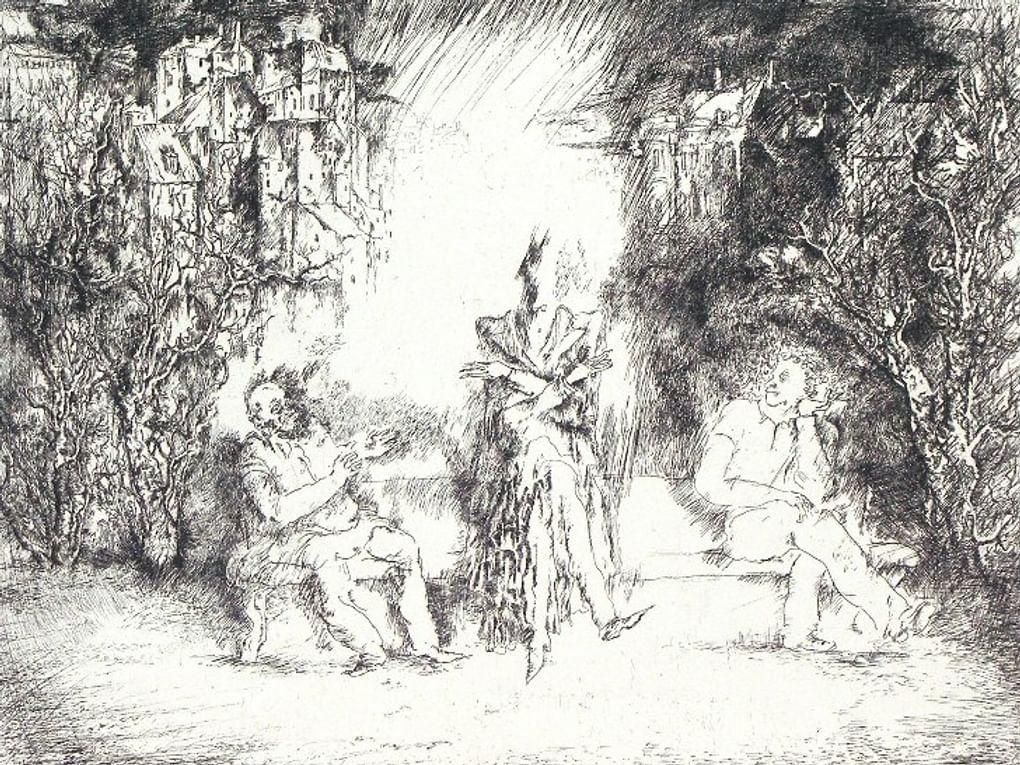 Владимир Кейдан. Появление Воланда (фрагмент). Из серии «Михаил Булгаков «Мастер и Маргарита». 1989. Вологодская областная картинная галерея, Вологда