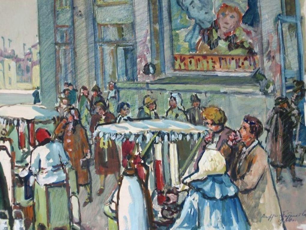 Вера Варт-Патрикова. У кинотеатра «Ударник». Пьют воду. В ожидании киносеанса. 1960. Историко-этнографический музей-заповедник «Шушенское», поселок Шушенское, Красноярский край