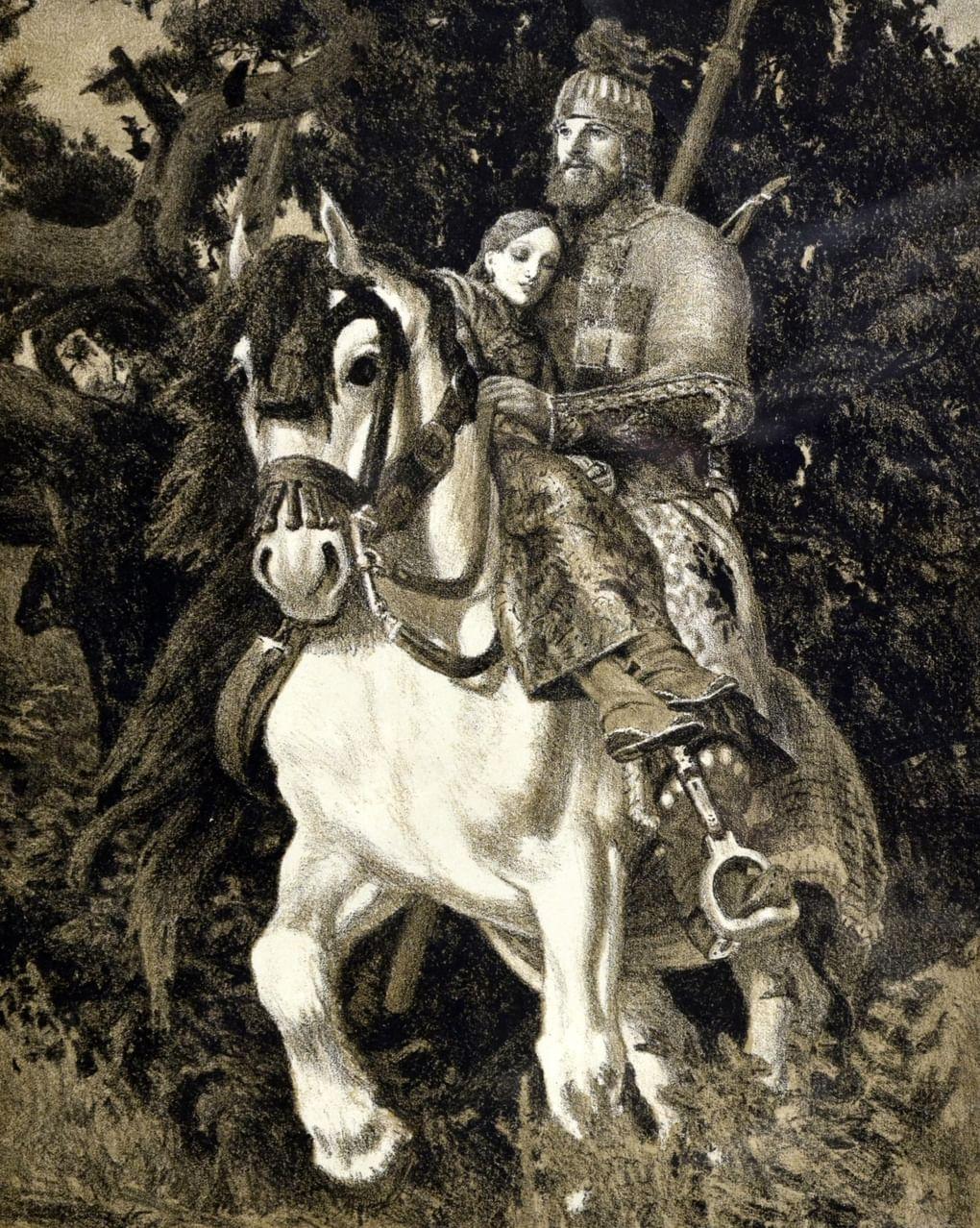 Евгений Кибрик. Добрыня Никитич с княжной. Из серии иллюстраций «Героические былины». 1950. Музей-усадьба А.М. Герасимова, Мичуринск, Тамбовская область