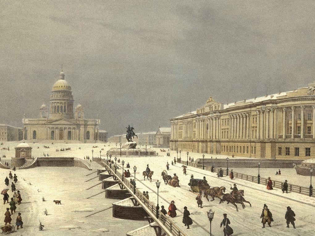 Луи Пьер-Альфонс Бишебуа и Жан-Виктор Адам. Мосты. Петербург. Вид на Исаакиевский мост и Сенатскую площадь. 1840-е. Государственный музей А.С. Пушкина, Москва