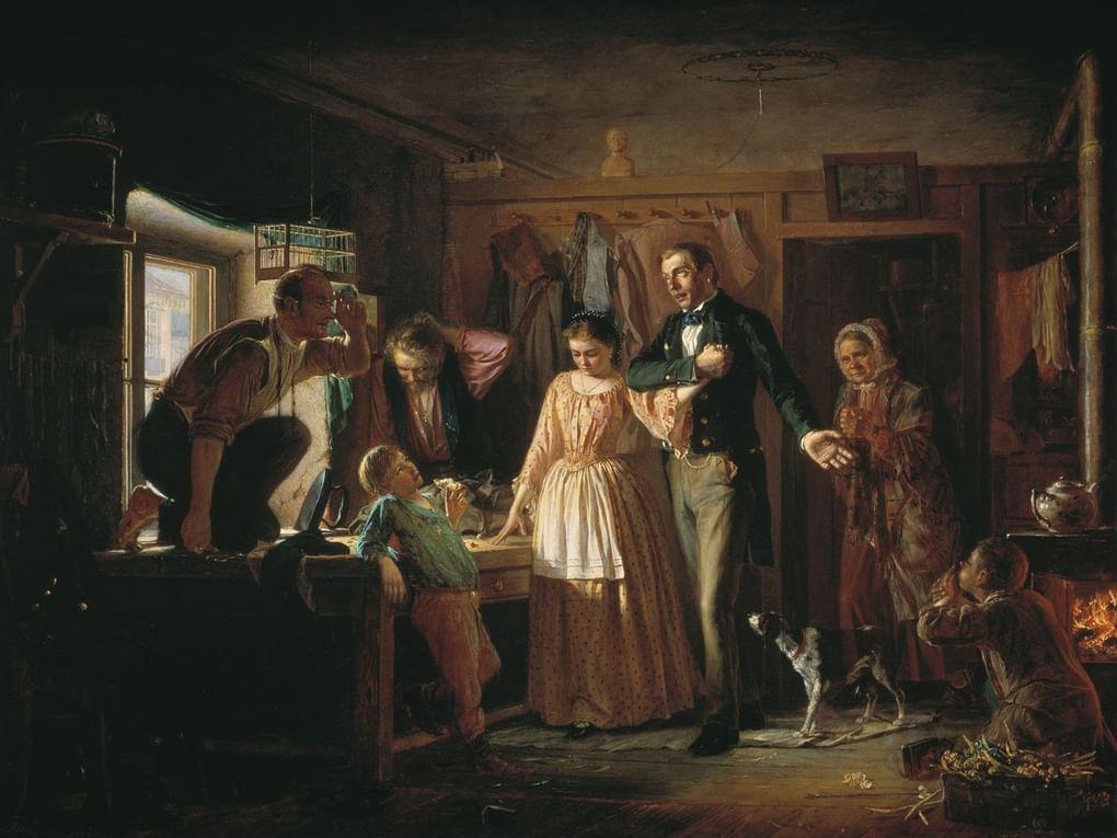 Николай Петров. Сватовство чиновника к дочери портного. 1862. Государственная Третьяковская галерея, Москва