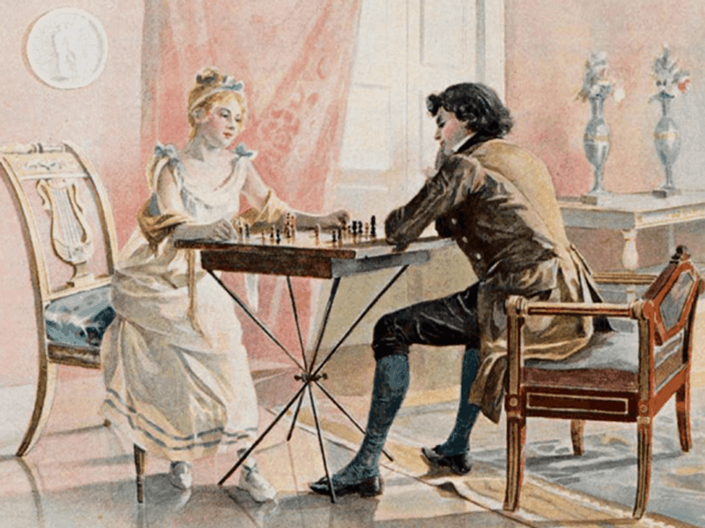 Елена Самокиш-Судковская. Ольга Ларина и Ленский (фрагмент). 1908. Из книги типографии товарищества Р. Голике и А. Вольборг, Санкт-Петербург