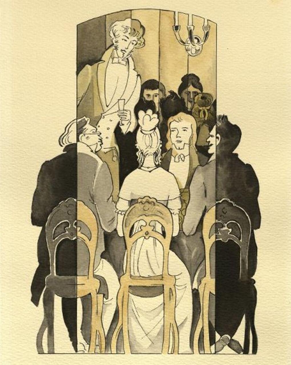 Дмитрий Громан. Онегин на именинах Татьяны. Иллюстрация к роману Александра Пушкина «Евгений Онегин». 1978. Тверской краеведческий музей, Тверь