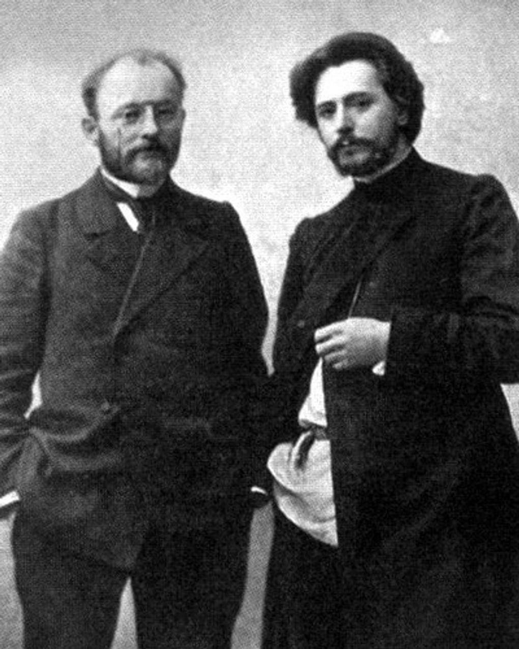 Леонид Андреев (справа) и писатель и переводчик Викентий Вересаев. Иллюстрация к книге Натальи Скороход «Леонид Андреев» (из серии «Жизнь замечательных людей»). Москва: Молодая Гвардия, 2013